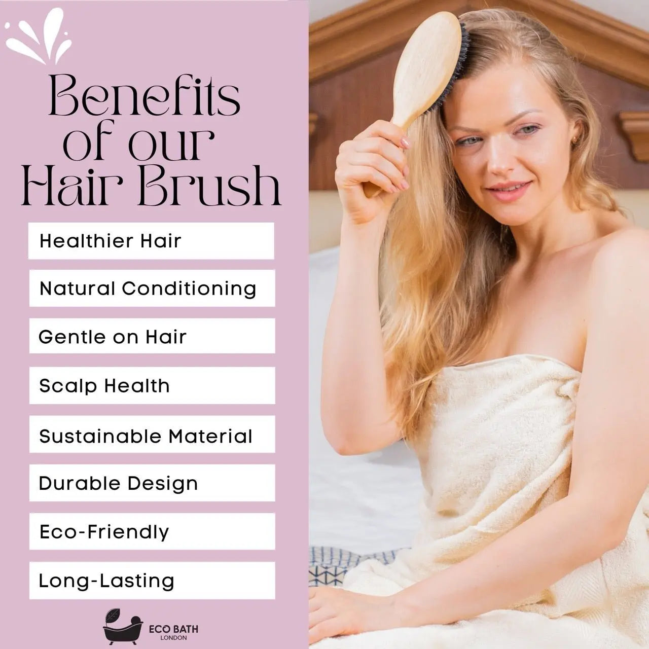 Bamboo Hair Brush with Boar Bristles - Eco-Friendly Detangling Hairbrush for All Hair Types Eco Bath London