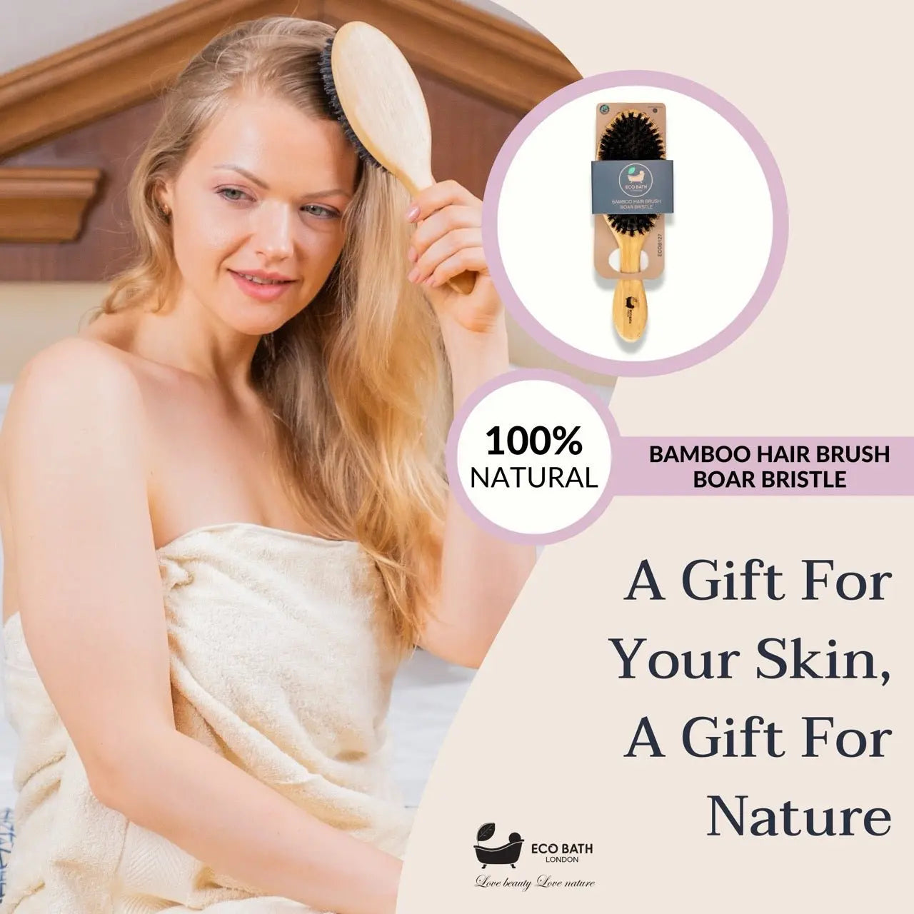 Bamboo Hair Brush with Boar Bristles - Eco-Friendly Detangling Hairbrush for All Hair Types Eco Bath London