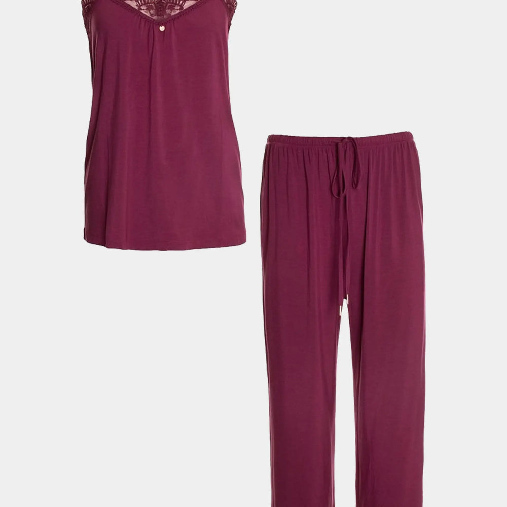 Bamboo Lace Cami Cropped Trouser Pyjama Set in Bordeaux Pretty You London