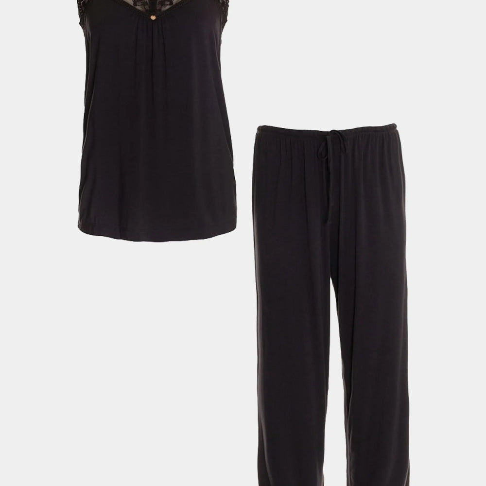 Bamboo Lace Cami Cropped Trouser Pyjama Set in Raven Pretty You London
