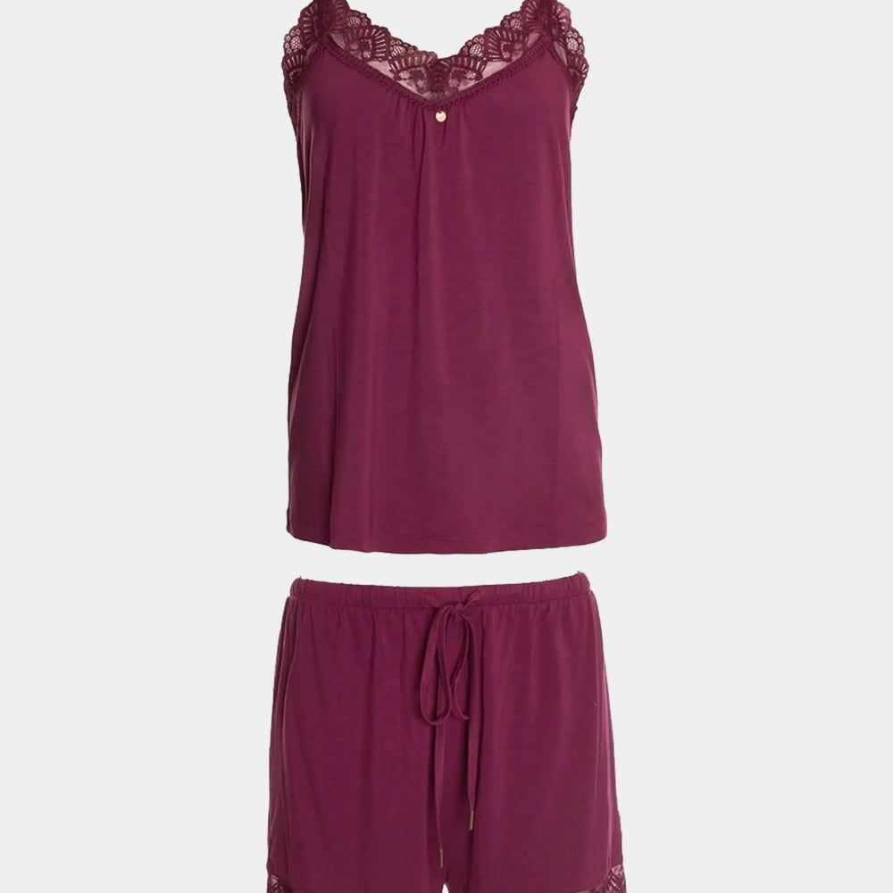 Bamboo Lace Cami Short Pyjama Set in Bordeaux Pretty You London