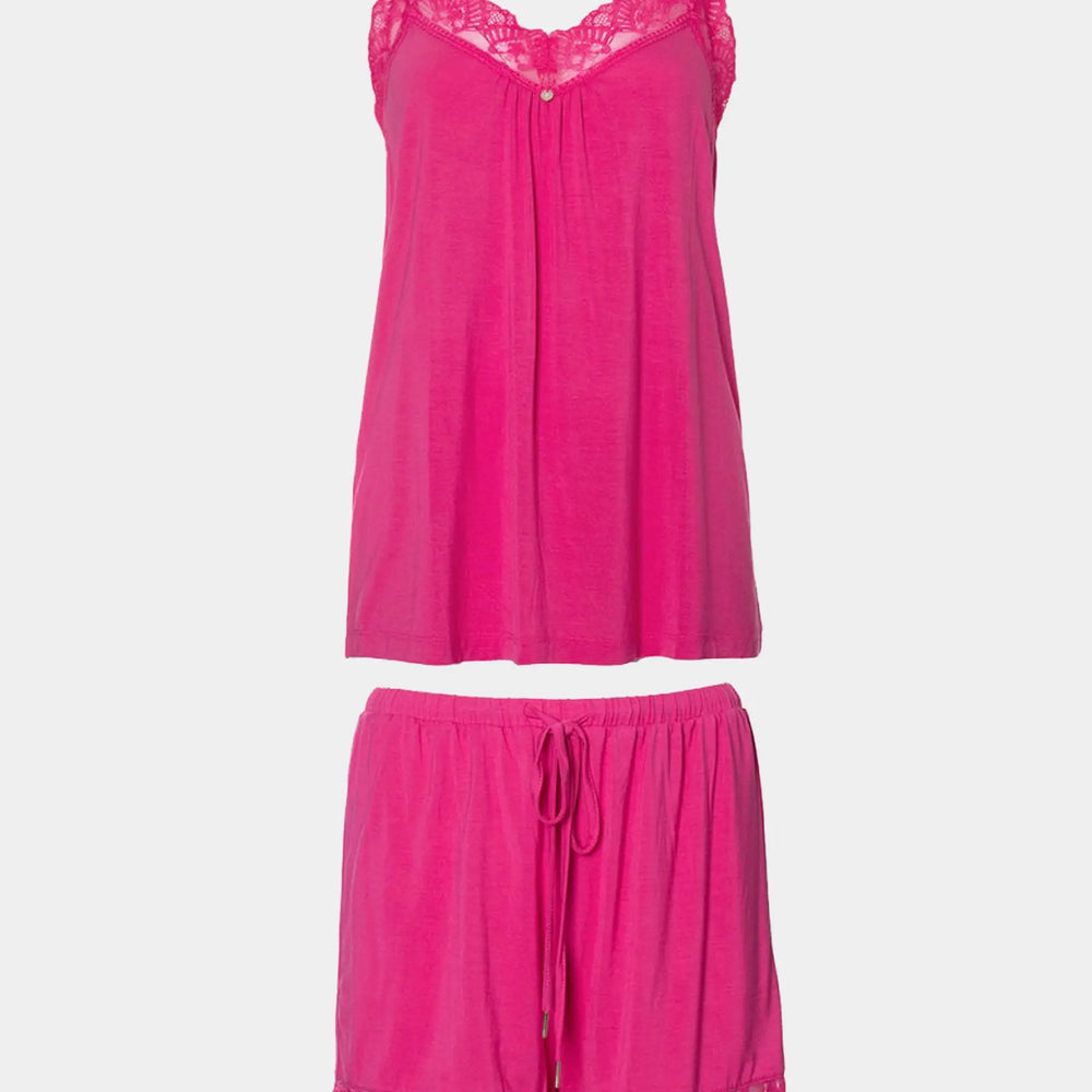 Bamboo Lace Cami Short Pyjama Set in Raspberry Pretty You London