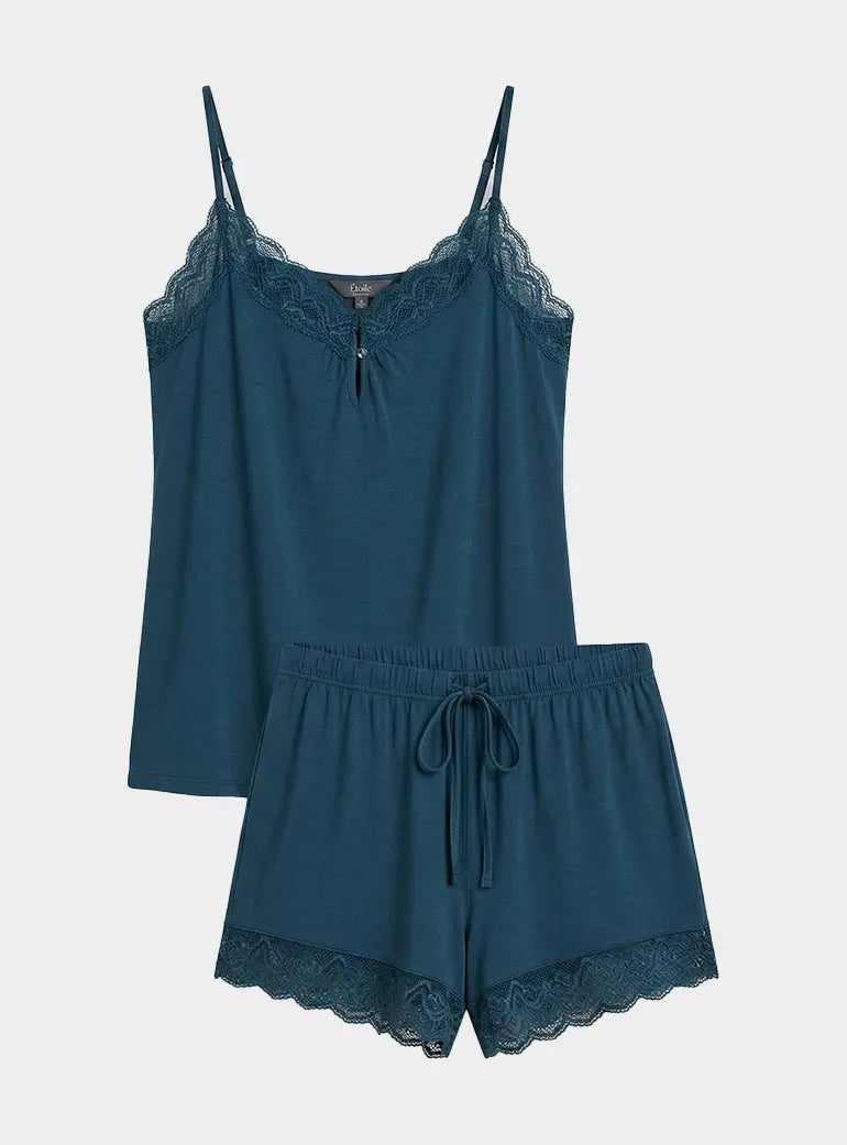Bamboo Lace Cami Short Pyjama Set in Teal Pretty You London