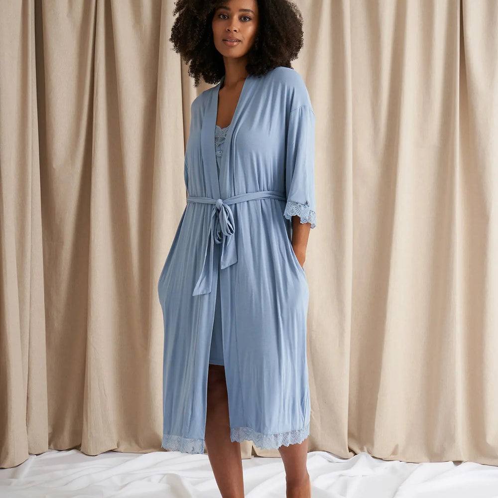 Bamboo Lace Kimono Robe in Blue Mist Pretty You London