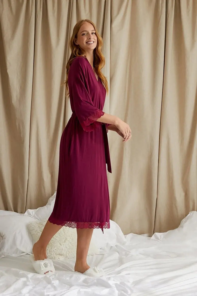 Bamboo Lace Kimono Robe in Bordeaux Pretty You London