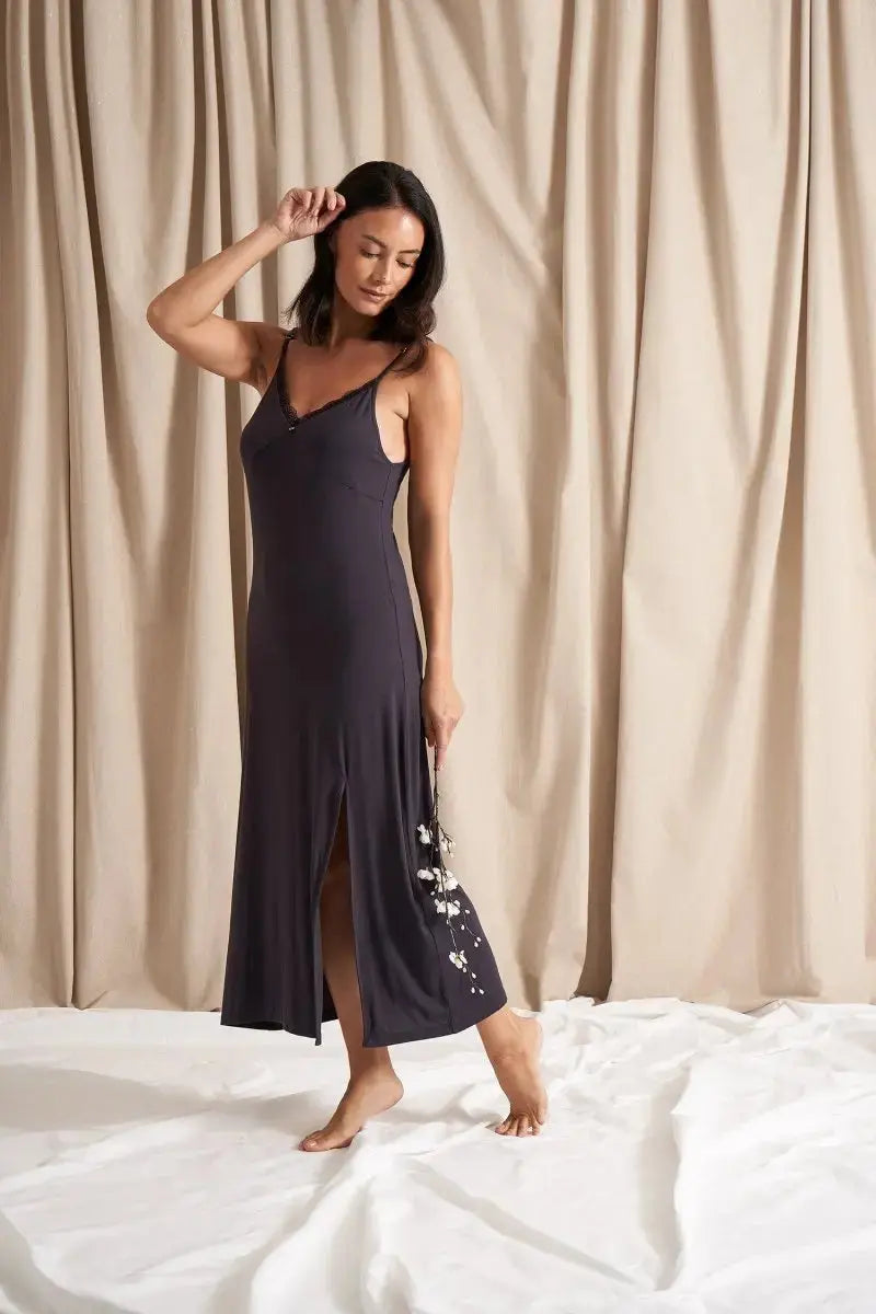 Bamboo Lace Midaxi Chemise in Raven Pretty You London