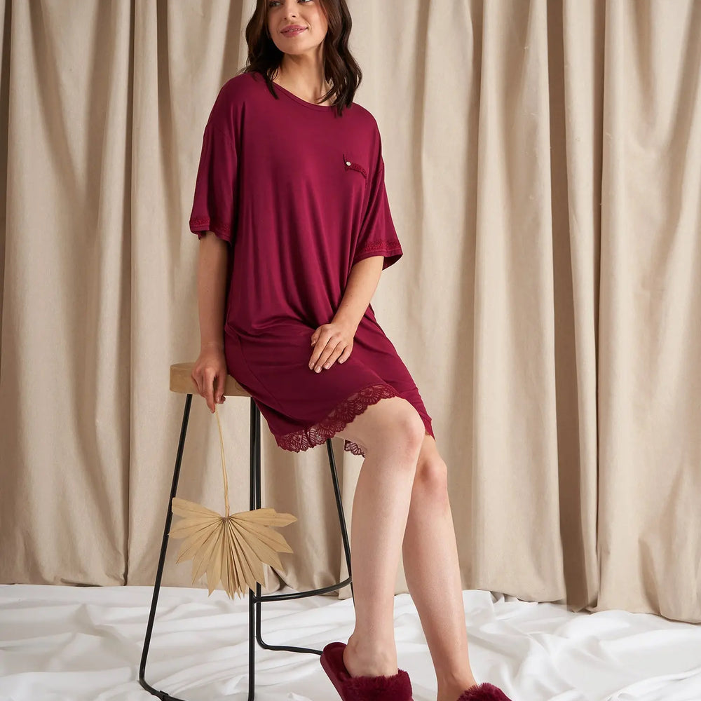 Bamboo Lace Tee Dress in Bordeaux Pretty You London