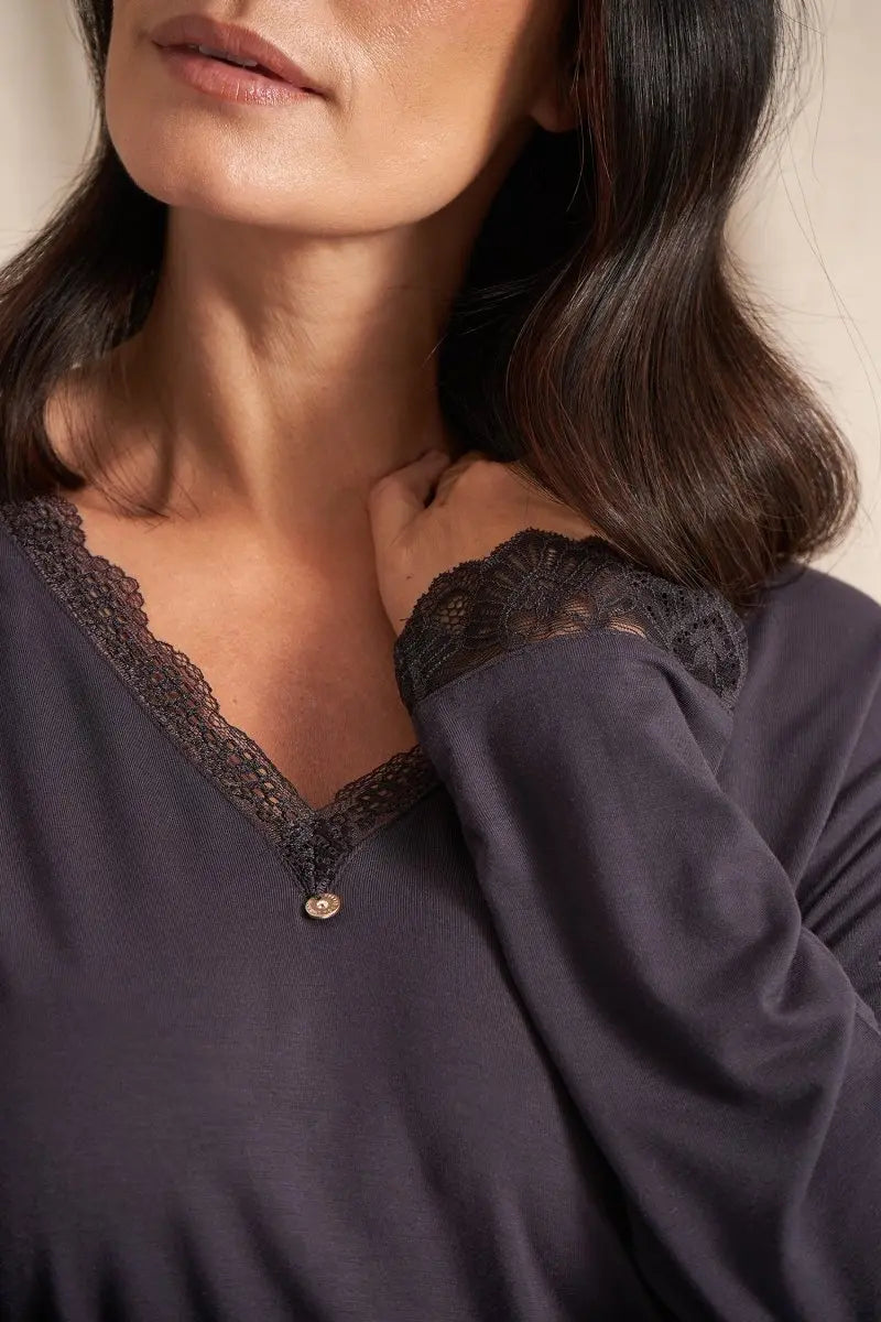 Bamboo Lace V-Neck Pyjama Set in Raven Pretty You London