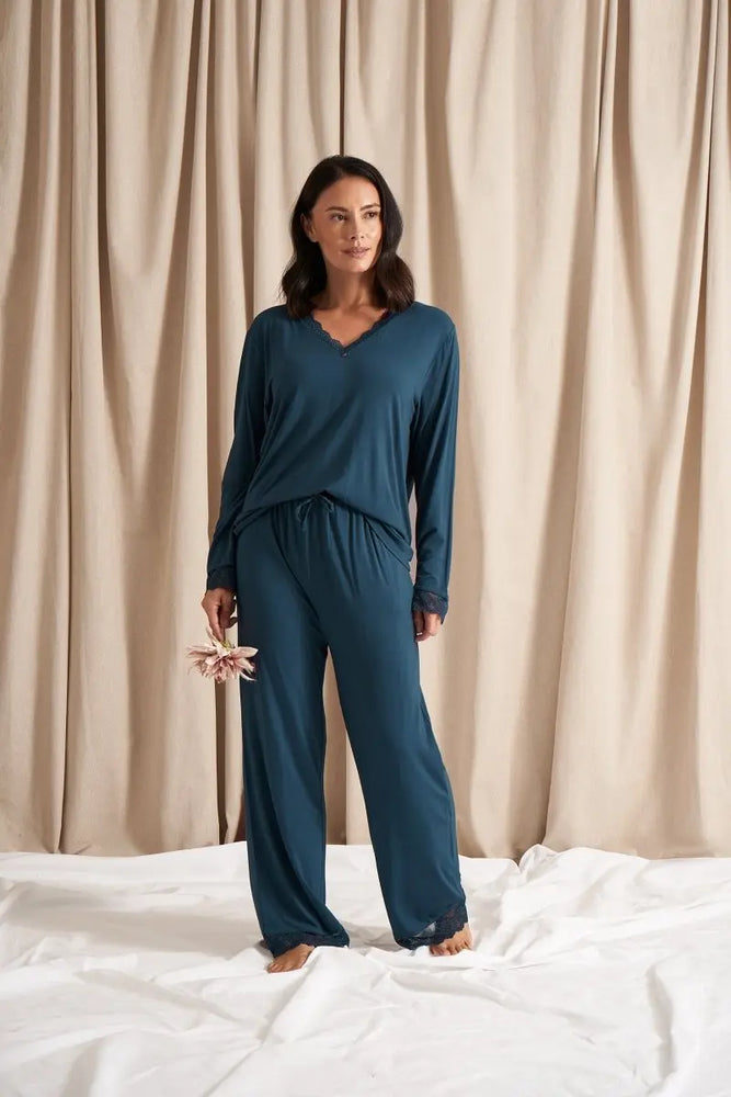 Bamboo Lace V-Neck Pyjama Set in Teal Pretty You London