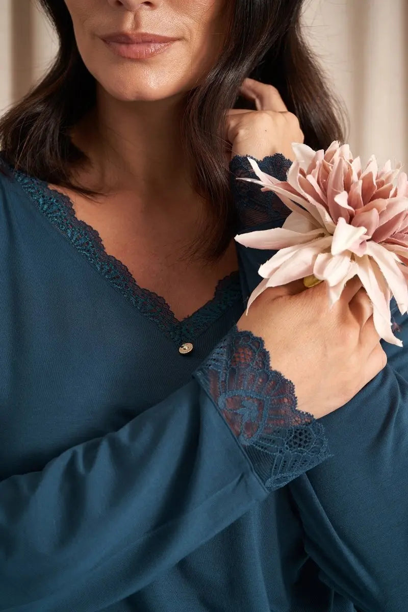 Bamboo Lace V-Neck Pyjama Set in Teal Pretty You London