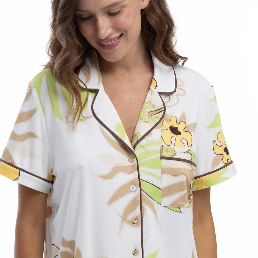Bamboo Short Pyjama Set in White Flower NOKAYA