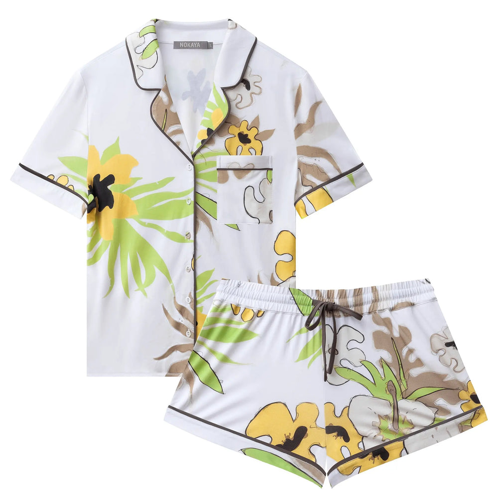 Bamboo Short Pyjama Set in White Flower NOKAYA