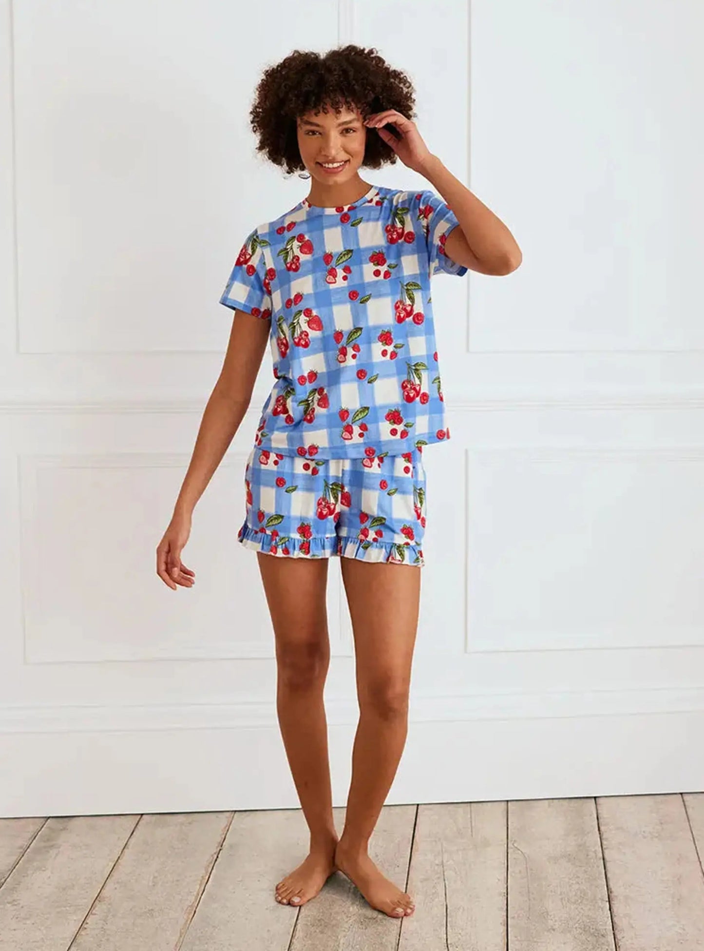 Berries & Gingham Print Women's Frill Short Pyjama Set Chelsea Peers
