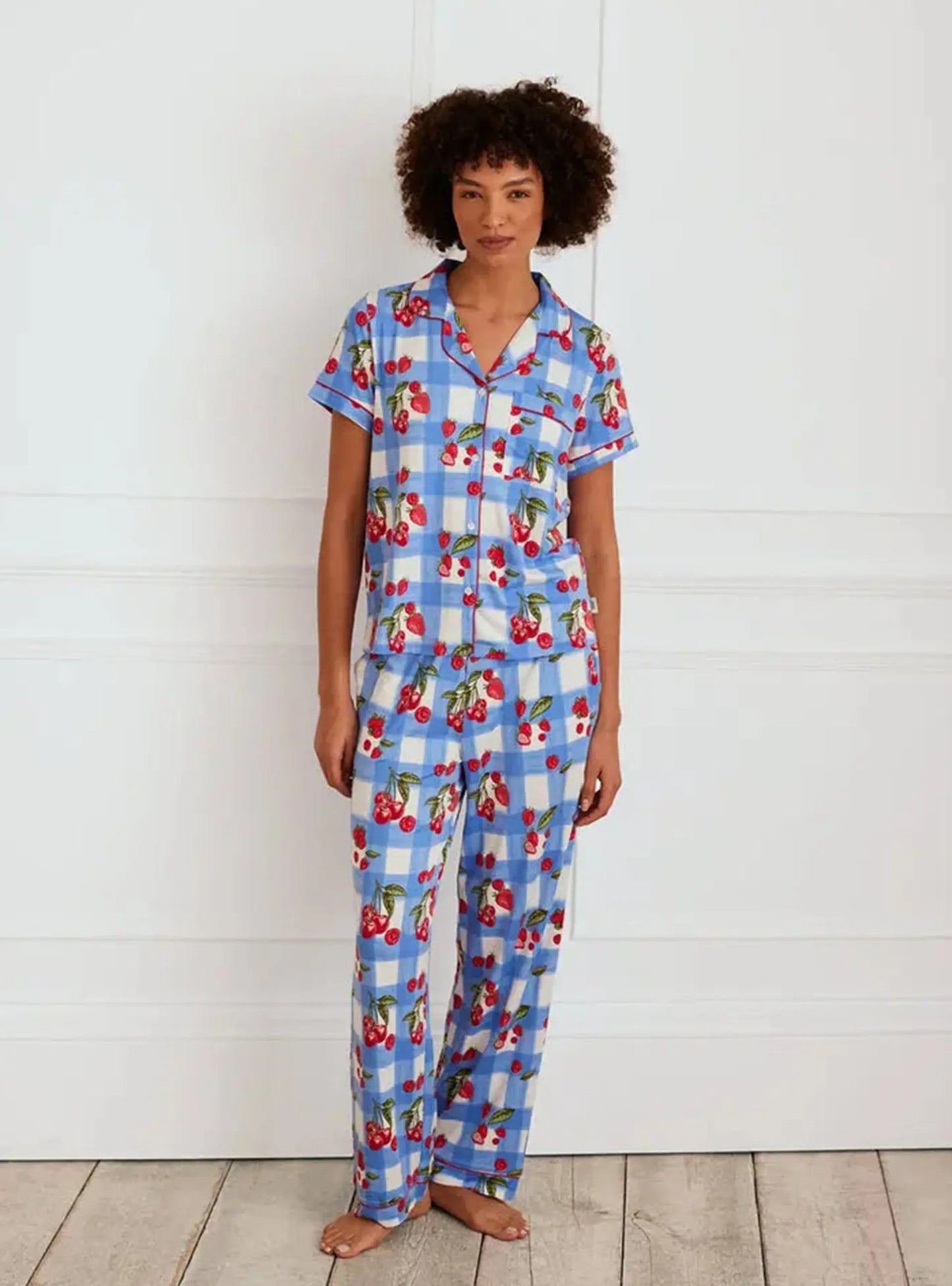 Berries & Gingham Print Women's Long Pyjama Set Chelsea Peers