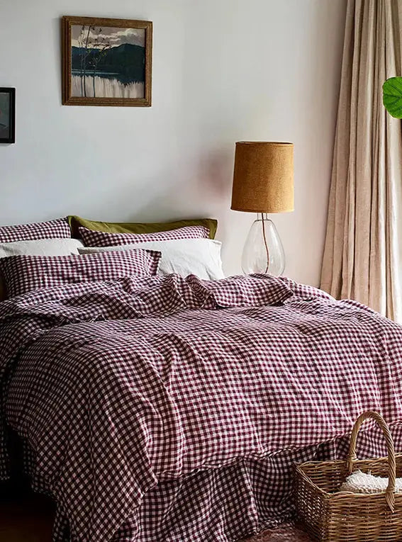 Berry Gingham Linen Blend Duvet Cover Piglet