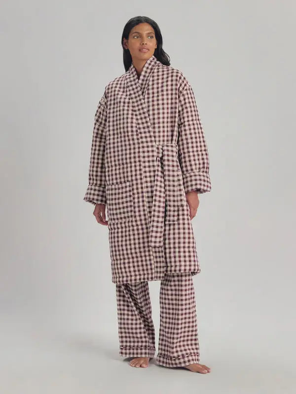 Berry Gingham Linen Blend Housecoat Piglet