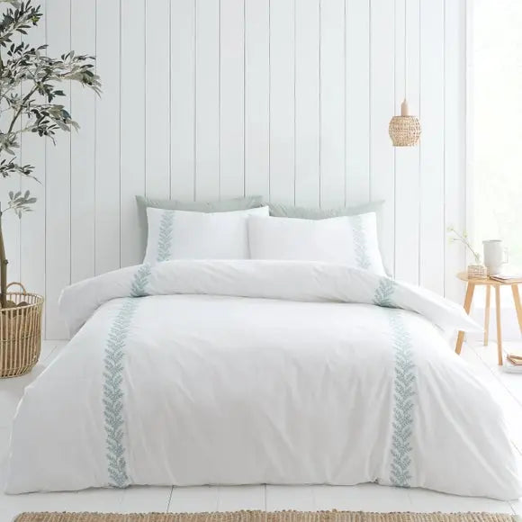 Bianca Fine Linens Embroidered Leaf 100% Cotton Duvet Cover & Pillowcase Set Dunelm