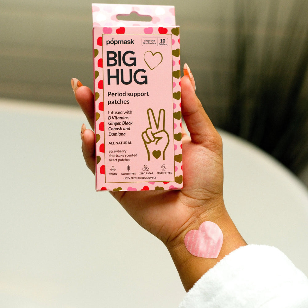 Big Hug Vitamin Period Support Topical Patches – 10 Pack, Heart-Shaped, Strawberry Scented – Enriched With B Vitamins, Ginger, Black Cohosh & Damiana for Menstrual Relief Popmask