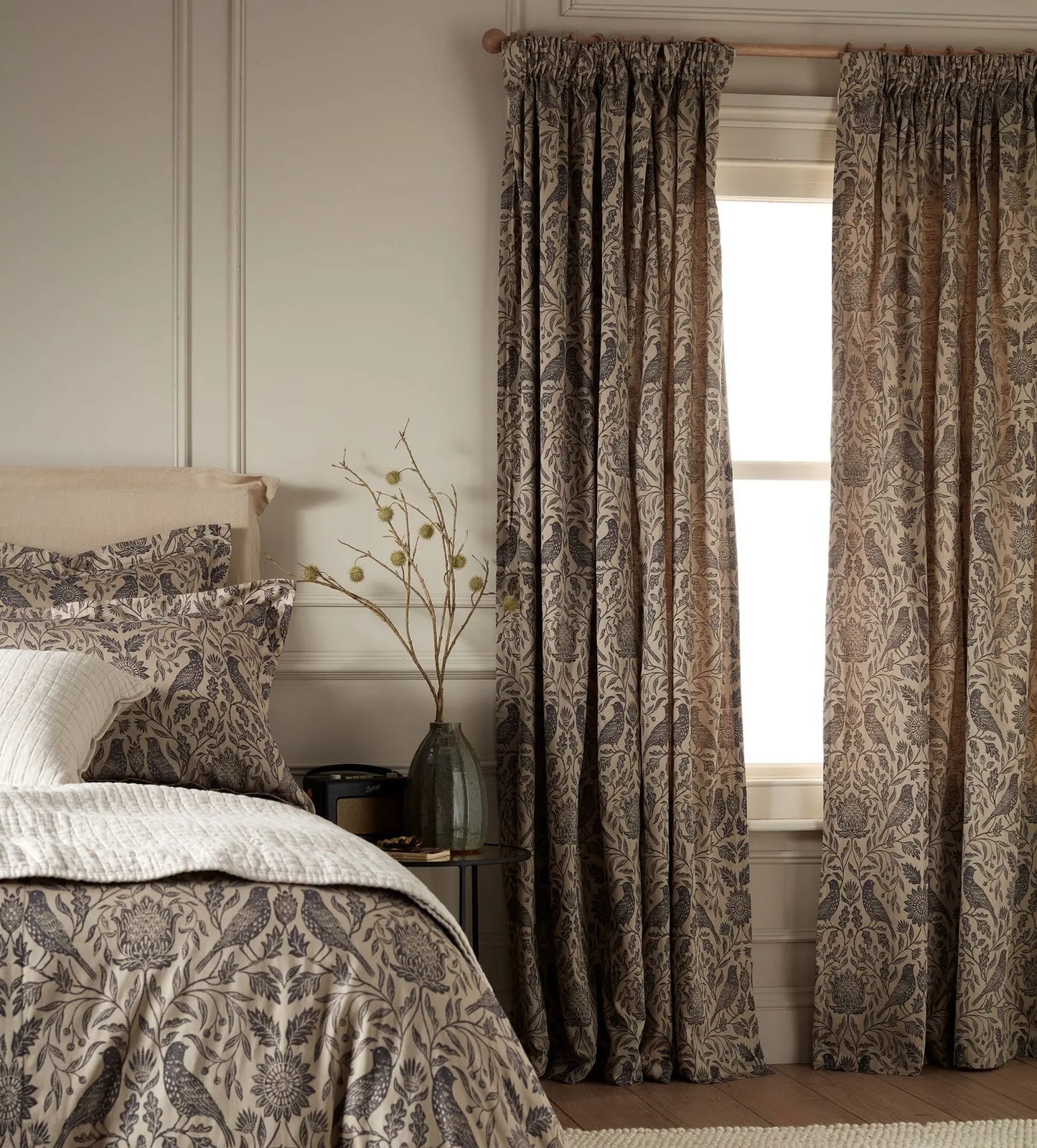 Birdie Jacquard 100% Cotton Lined Pencil Pleat Curtain (Pair) The Secret Linen Store