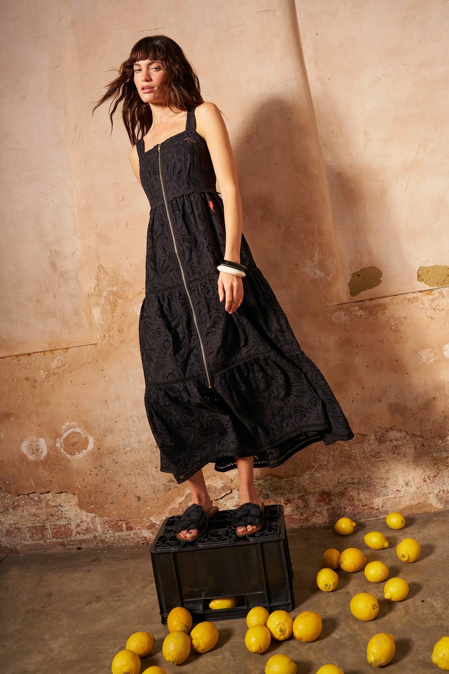 Black Broderie Zip Detail Midi Sundress Scamp & Dude