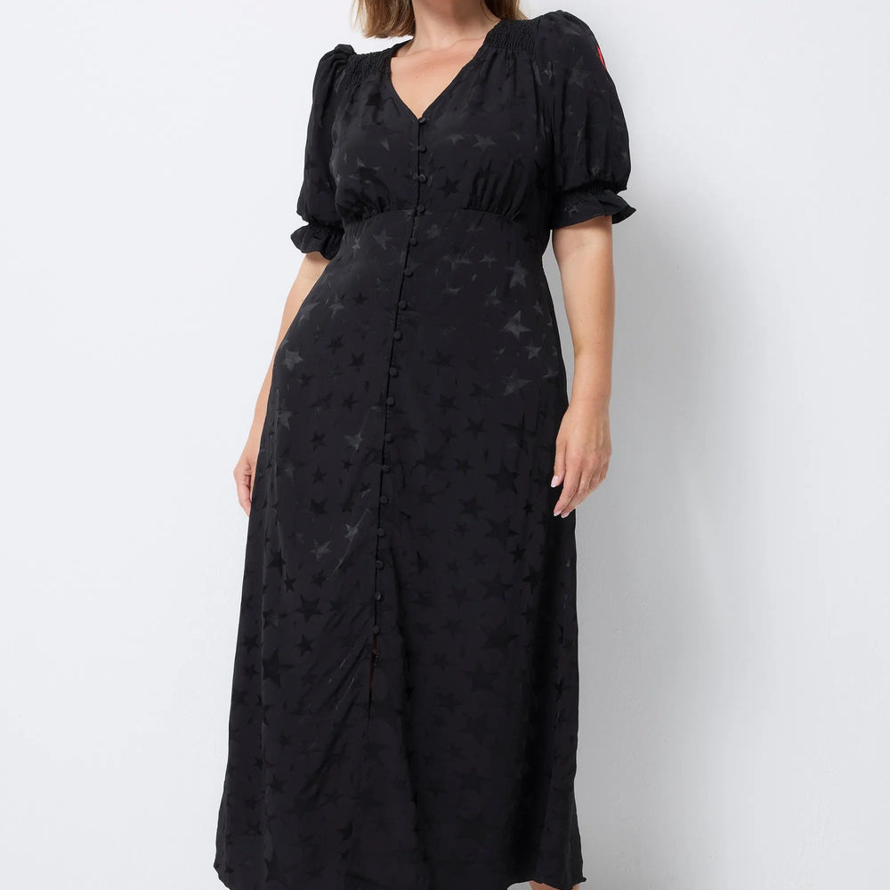 Black Jacquard Star Flute Sleeve Midi Tea Dress Scamp & Dude