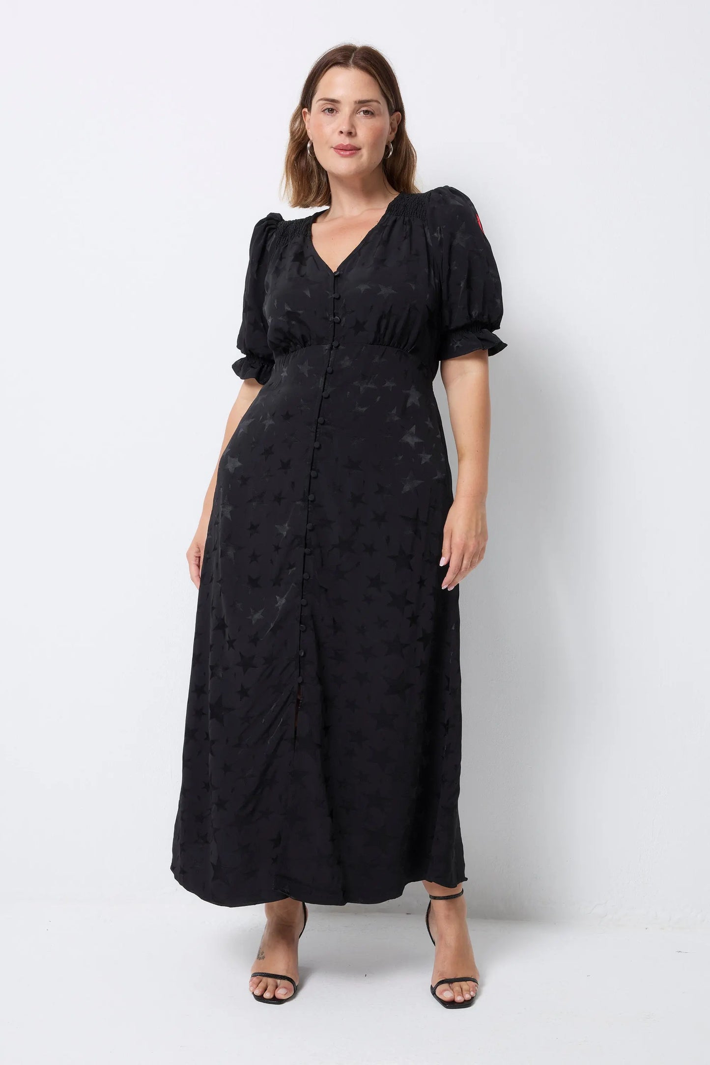 Black Jacquard Star Flute Sleeve Midi Tea Dress Scamp & Dude