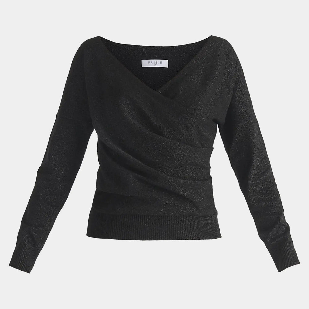 Black Knitted Wrap Top With 3/4 Sleeves Paisie