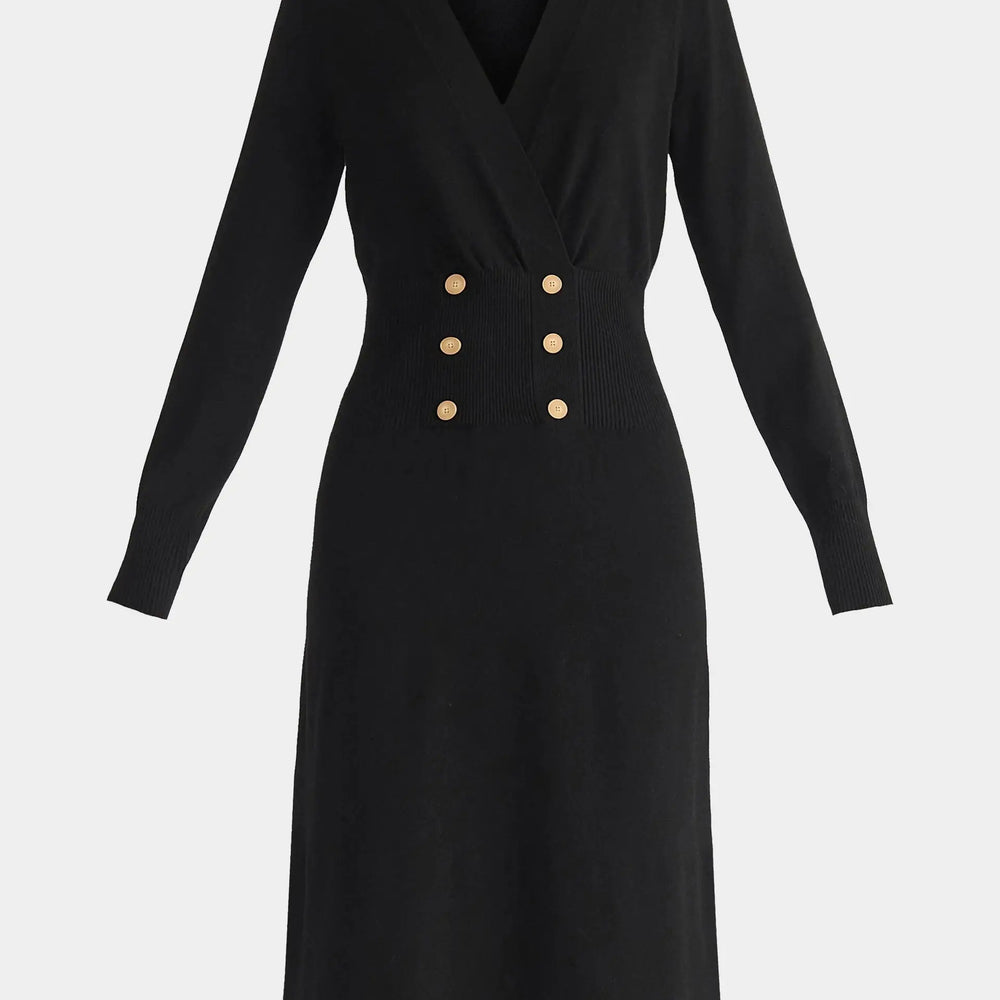 Black Long Sleeve Knitted Button Wrap Dress Paisie