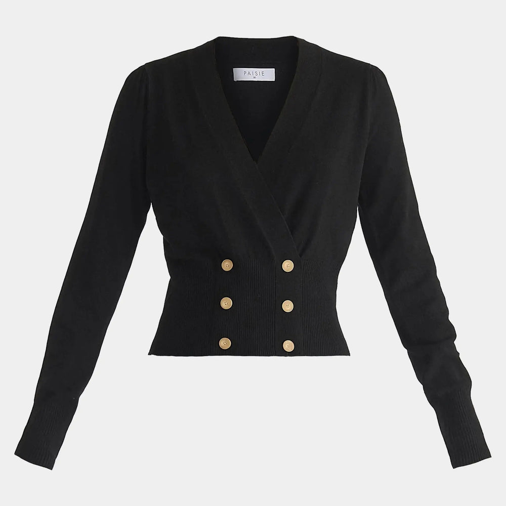 Black Long Sleeve Knitted Button Wrap Top Paisie