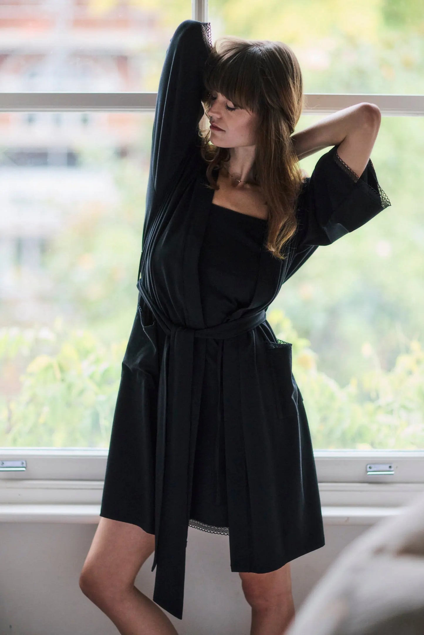 Black Modal Lace Trim Nightdress and Kimono Set MAMU Dream