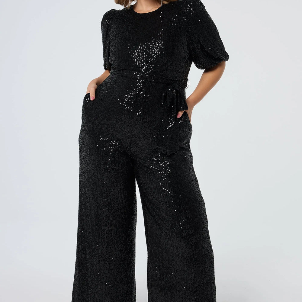 Black Sequin Puff Sleeve Wide Leg Jumpsuit Scamp & Dude