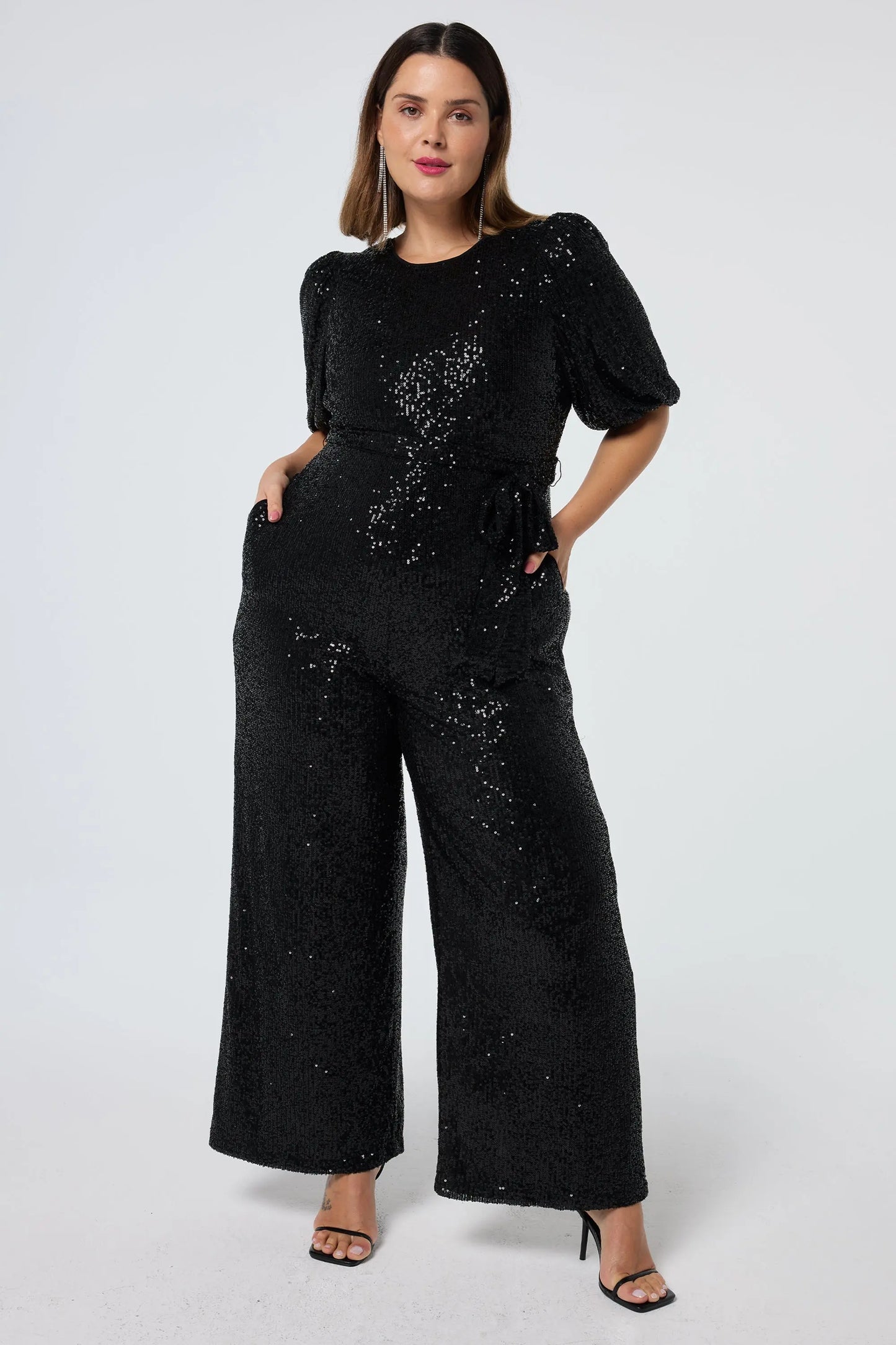 Black Sequin Puff Sleeve Wide Leg Jumpsuit Scamp & Dude
