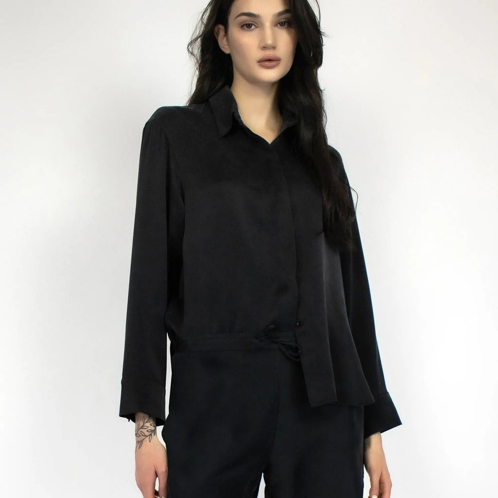 Black Silk Dreamscape Pyjama Shirt NOKAYA
