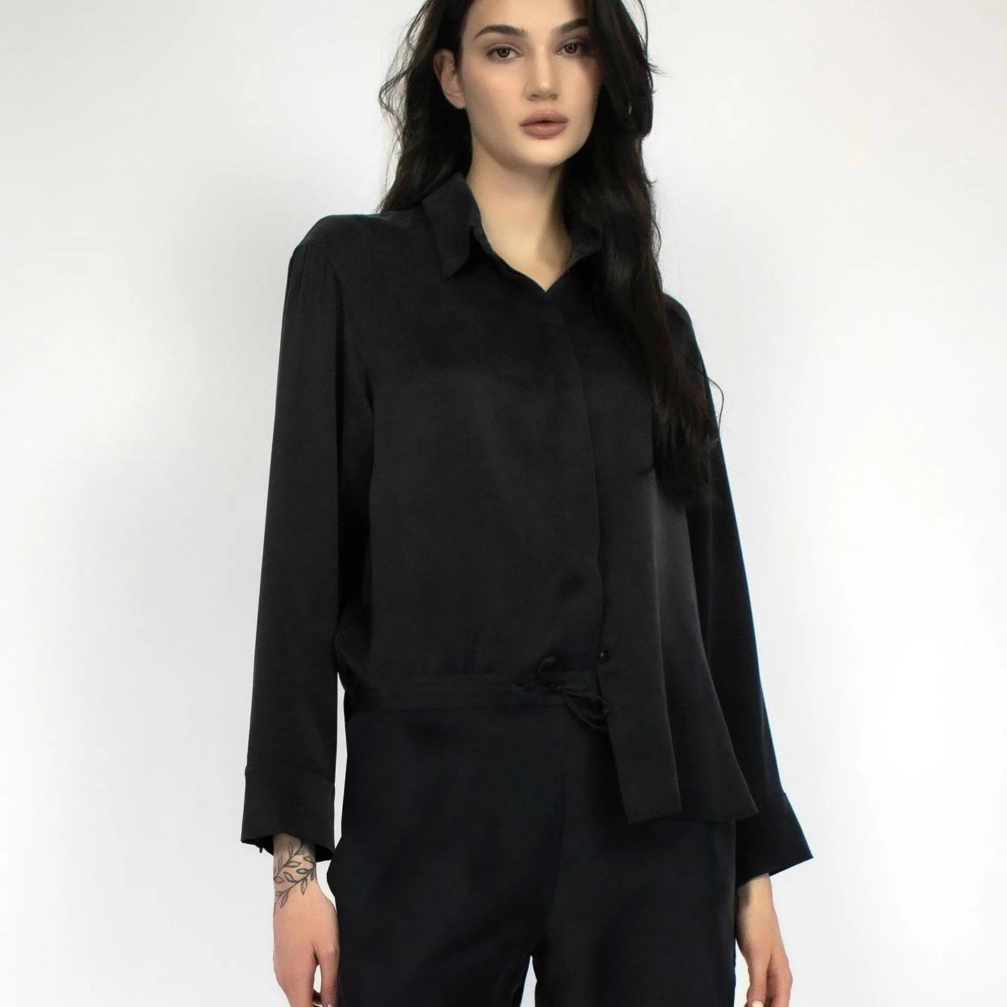 Black Silk Dreamscape Pyjama Shirt NOKAYA