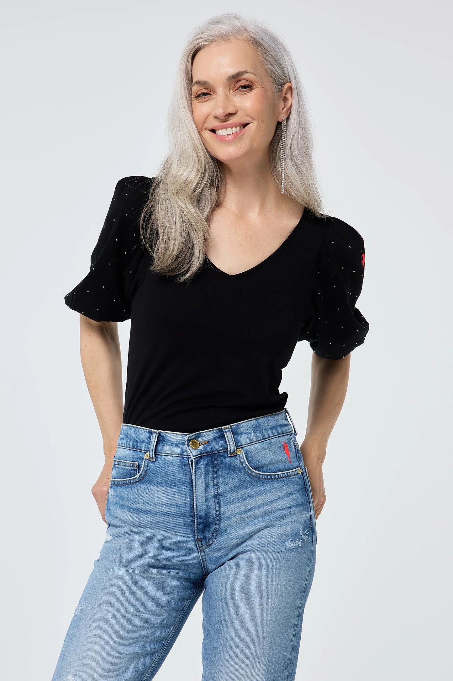 Black Studded V-Neck Puff Sleeve T-Shirt Scamp & Dude