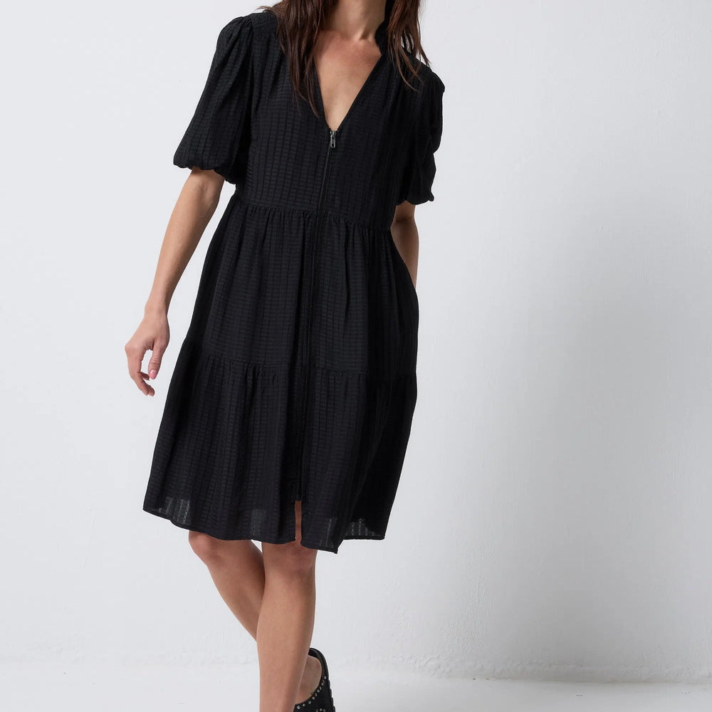 Black Textured Zip Detail Tiered Short Dress Scamp & Dude