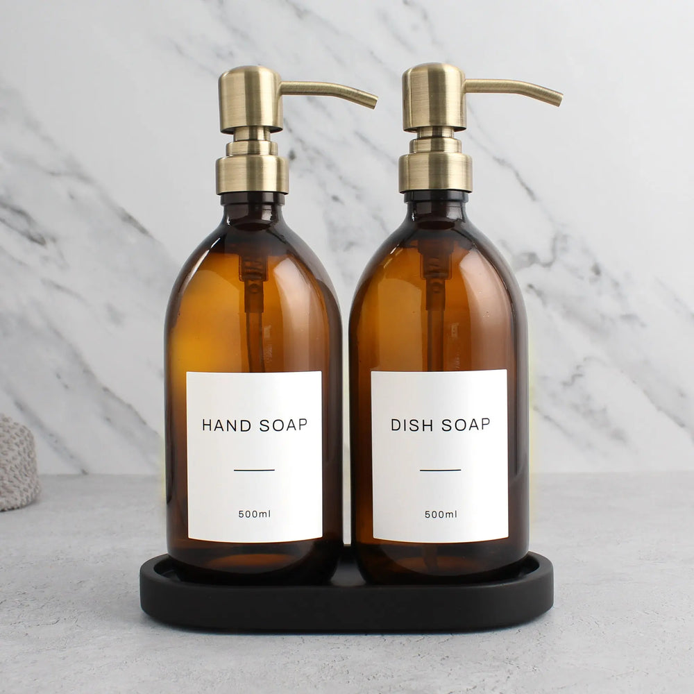 Black Tray & Amber Glass Dispenser Double Set Namie Home