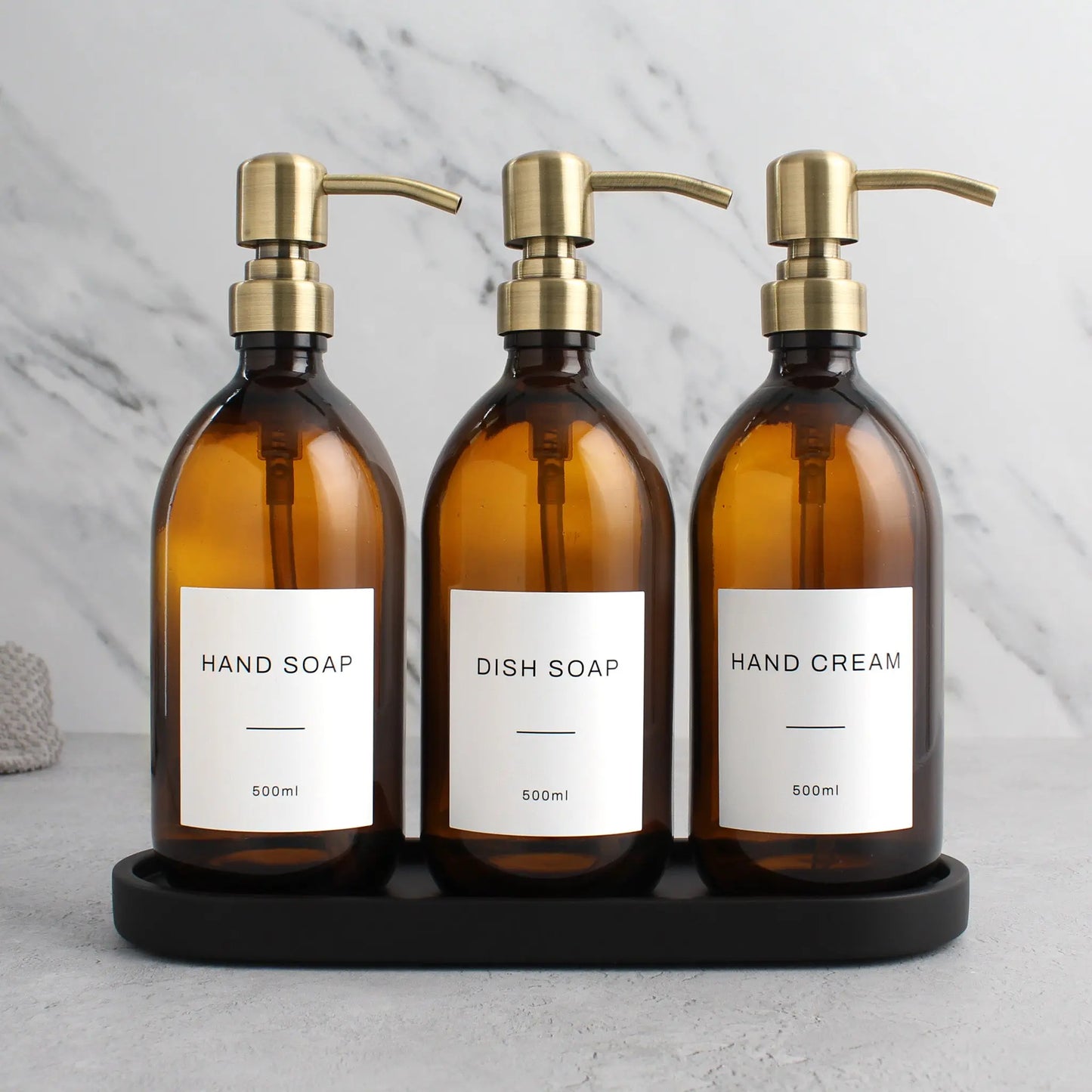 Black Tray & Amber Glass Dispenser Triple Set Namie Home