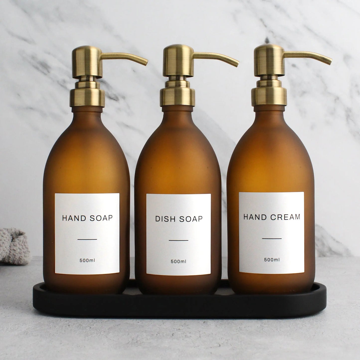 Black Tray & Frosted Amber Dispenser Triple Set Namie Home