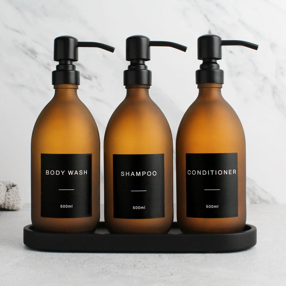Black Tray & Frosted Amber Dispenser Triple Set Namie Home
