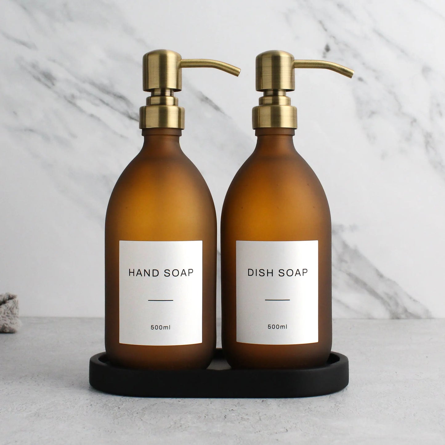 Black Tray & Frosted Amber Glass Dispenser Double Set Namie Home