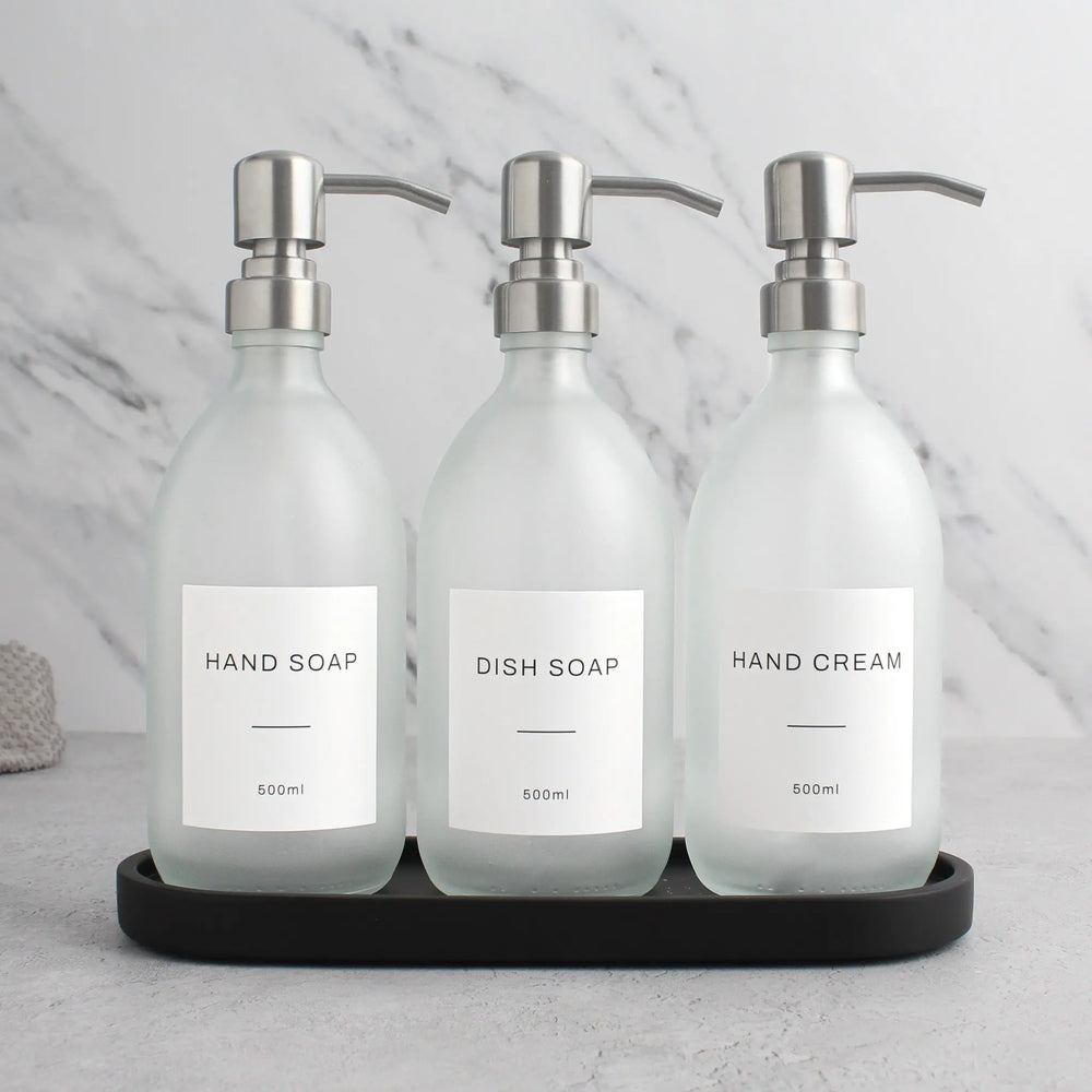 Black Tray & Frosted White Dispenser Triple Set Namie Home