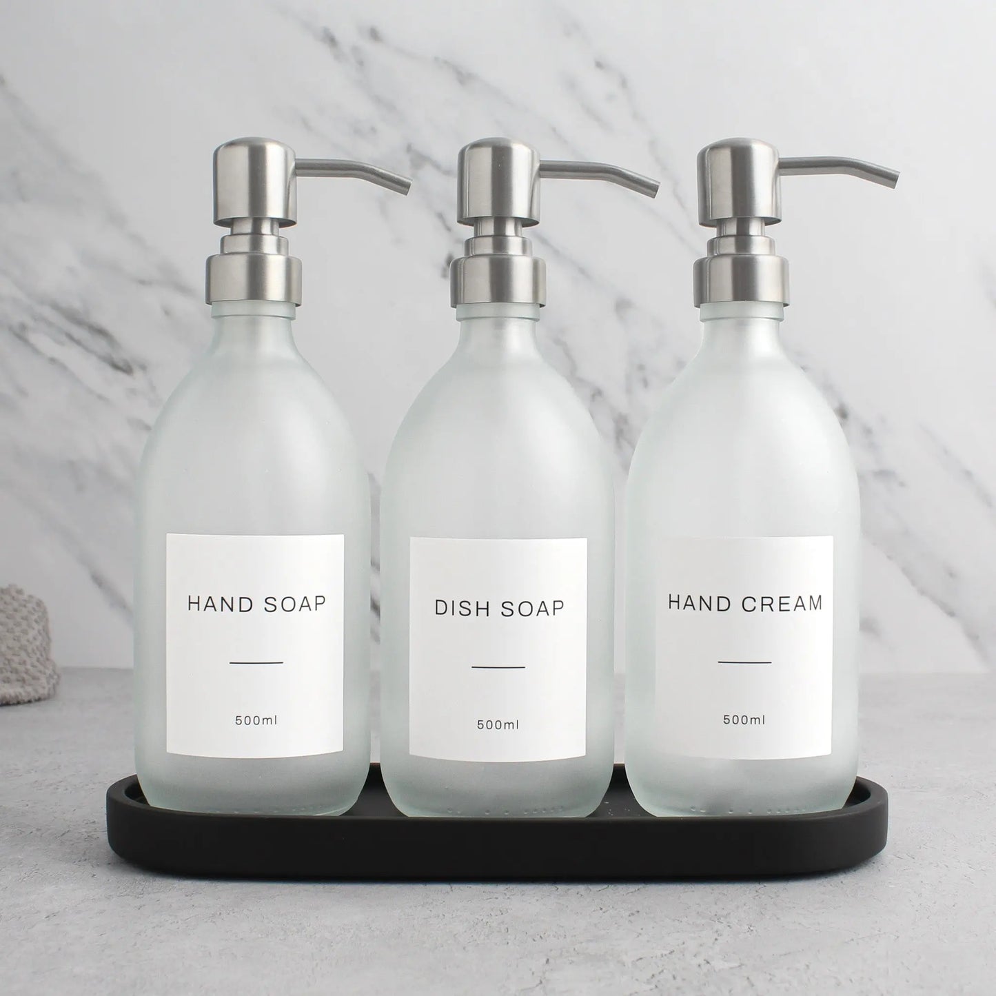 Black Tray & Frosted White Dispenser Triple Set Namie Home