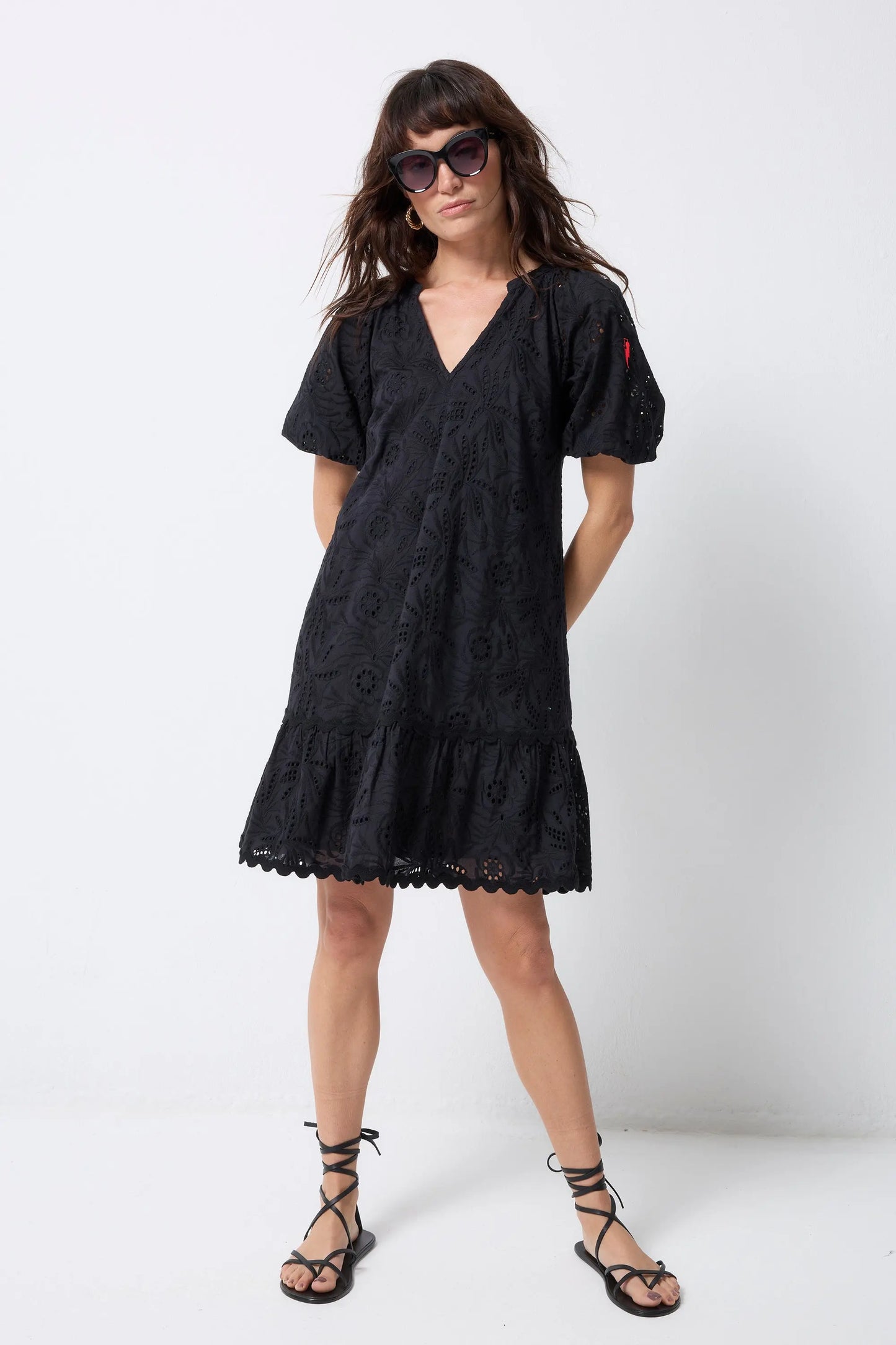 Black V-Neck Broderie Short Dress Scamp & Dude