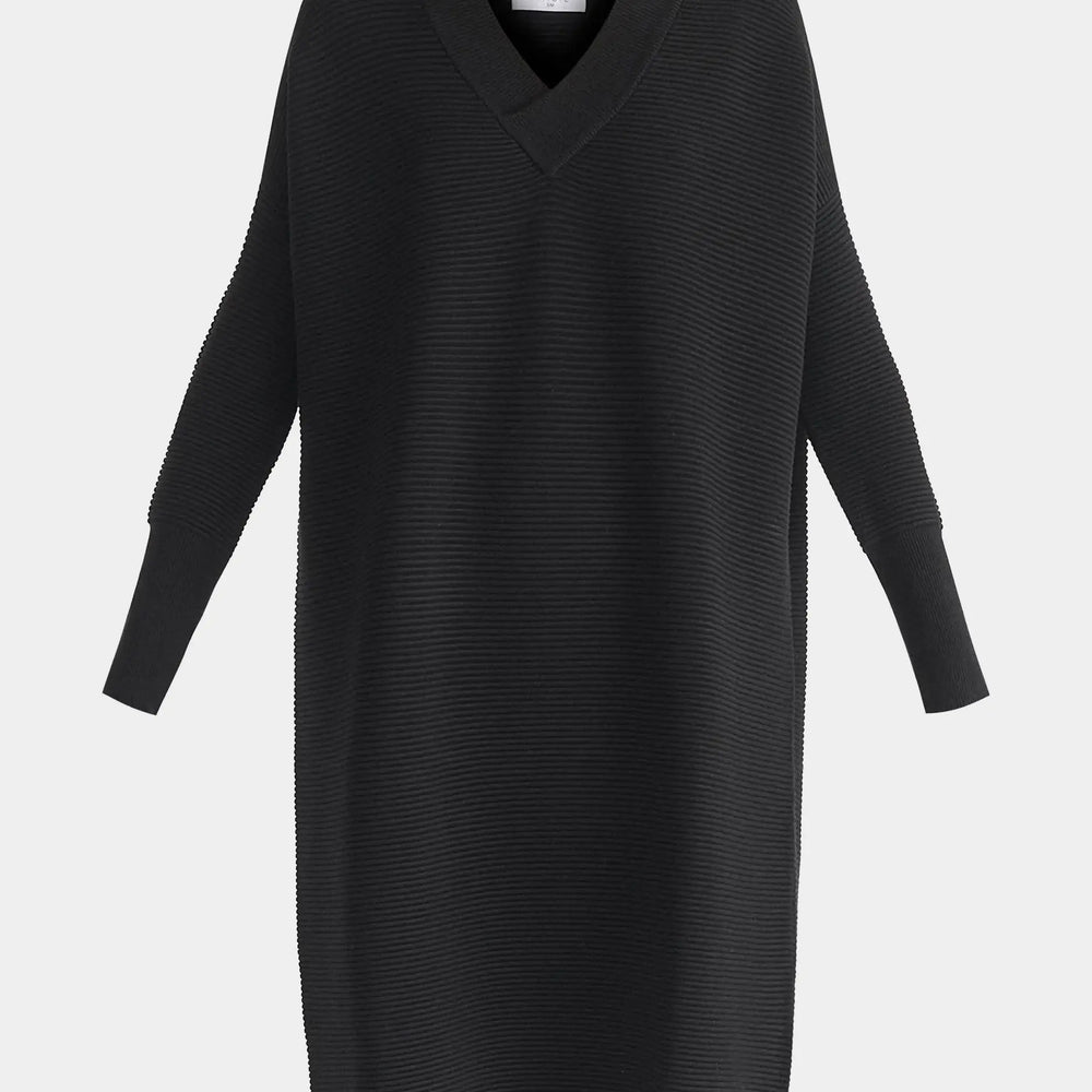 Black V-Neck Ribbed Jumper Dress Paisie