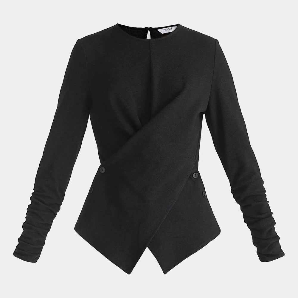 Black Wrap Top With Ruched Sleeve Detail Paisie