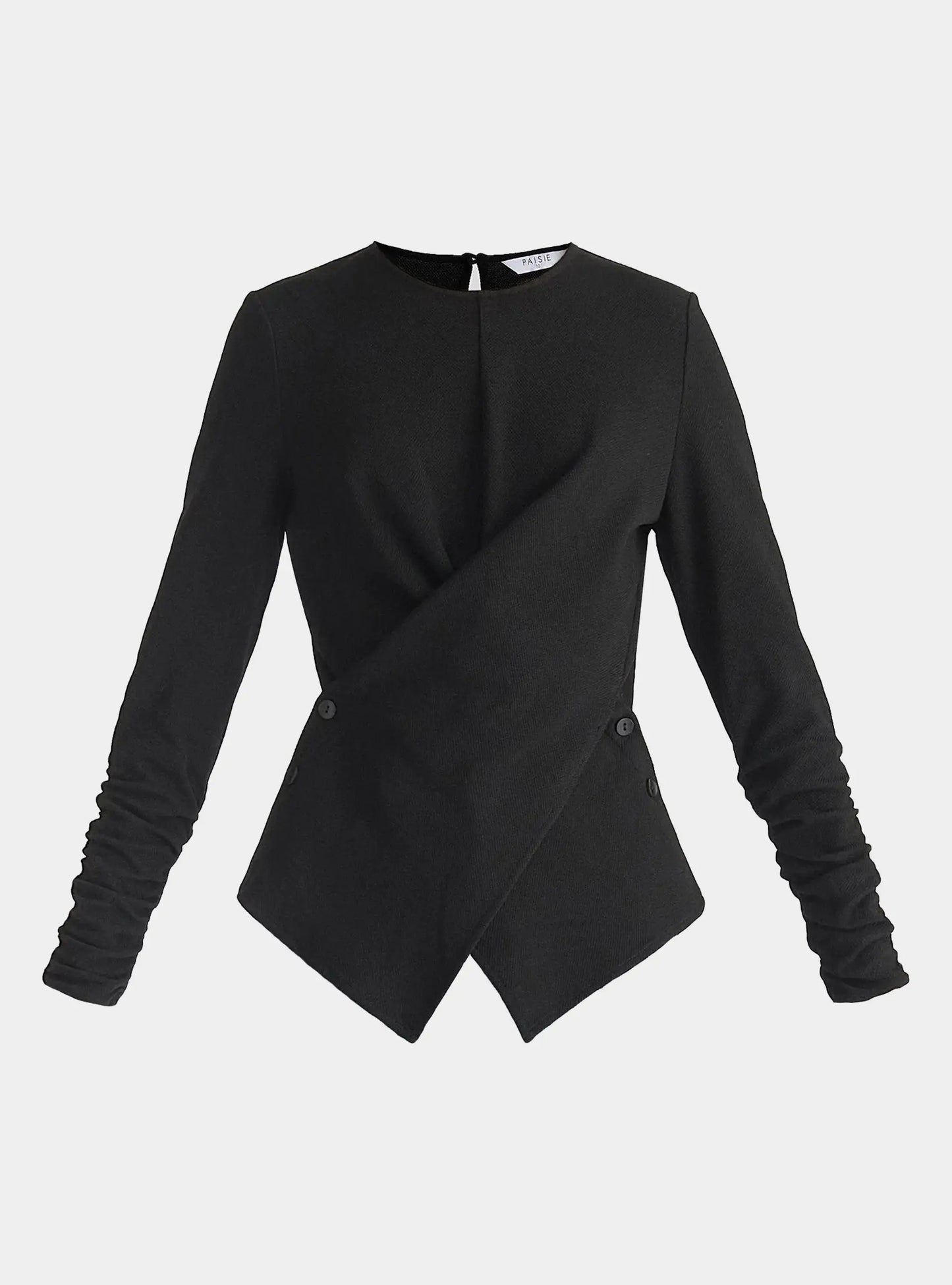 Black Wrap Top With Ruched Sleeve Detail Paisie