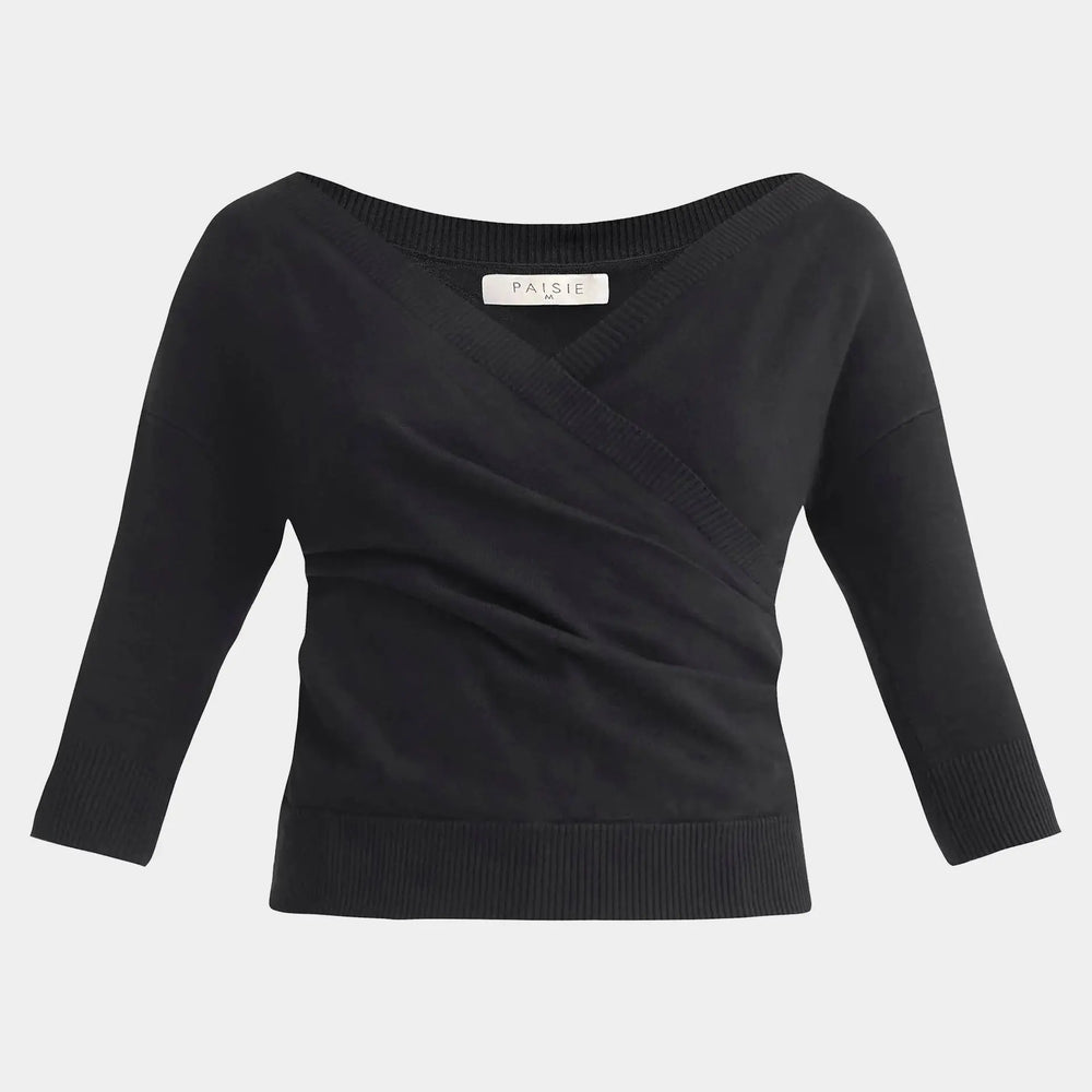 Black and Gold Sparkle Knitted Wrap Top With Long Sleeves Paisie