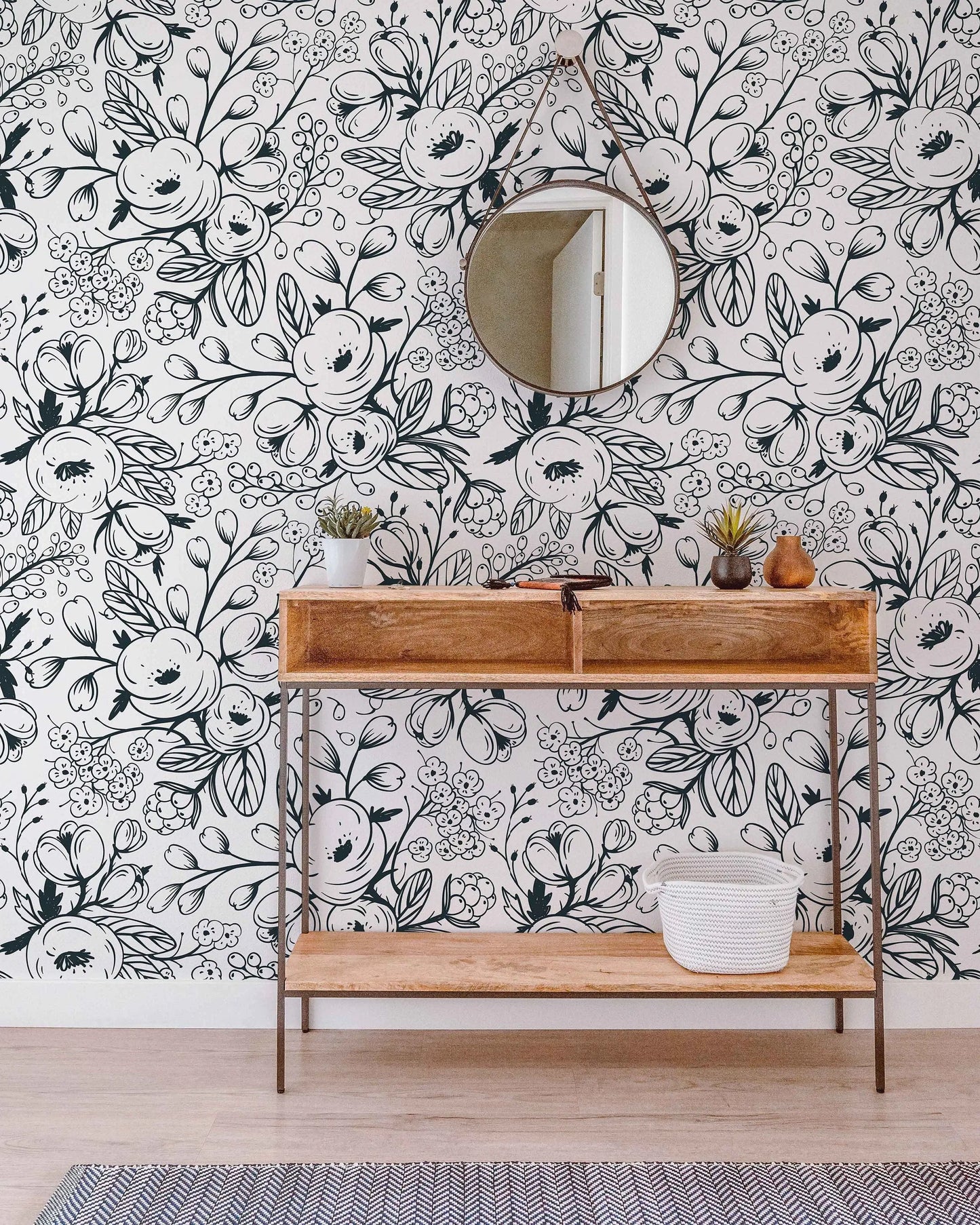 Black and White Spring Floral Wallpaper | Nursery Wall | Mural | Removable Wallpaper | Children Wall | Art | Meadow | Doddle ClickWalls