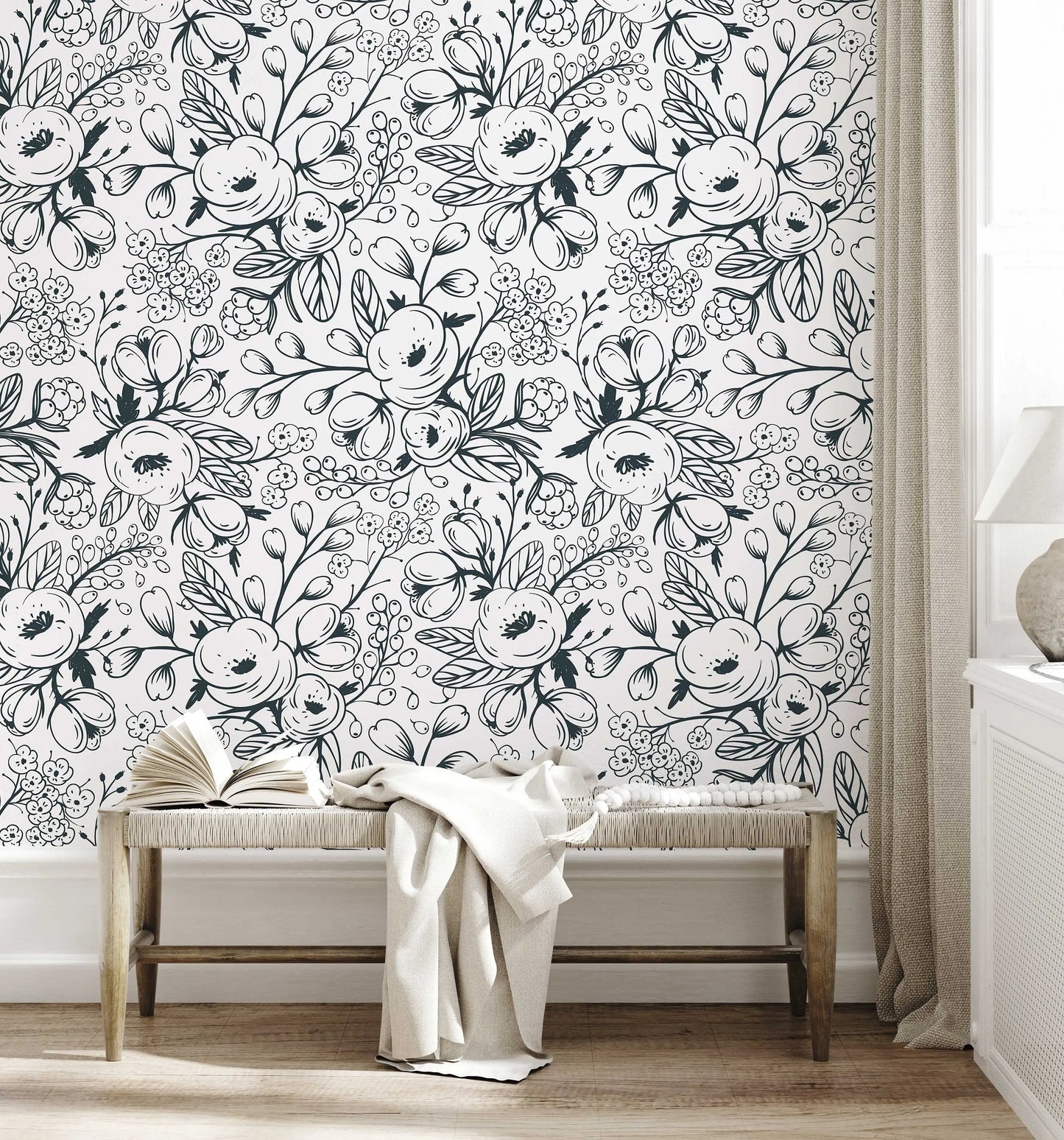 Black and White Spring Floral Wallpaper | Nursery Wall | Mural | Removable Wallpaper | Children Wall | Art | Meadow | Doddle ClickWalls